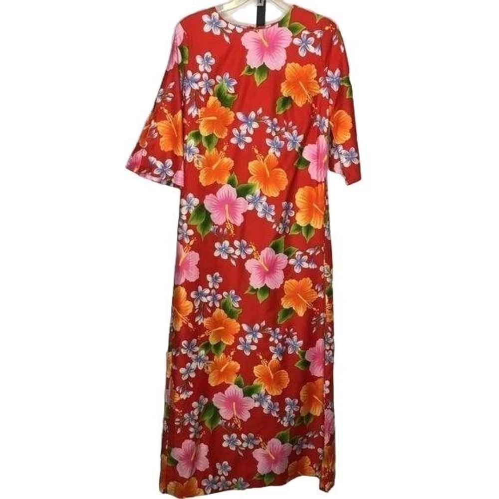 Vintage 70s‎ Hukilau Fashions Hawaiian Maxi Dress 32" S Red Floral Hawaii USA